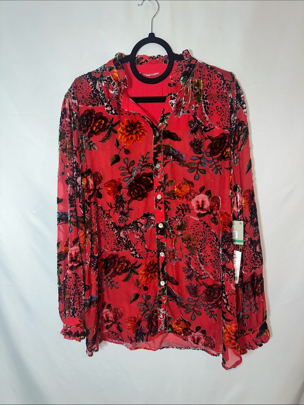 John Mark Red Floral Velvet burnout animal print Button-Down Blouse